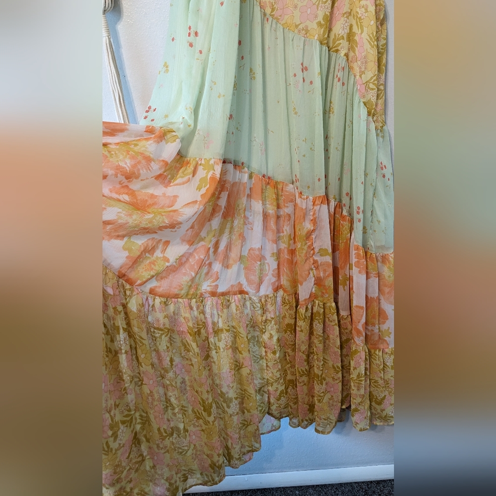 Free People Diagonal Tiered Floral Maxi Dress in Mint, Peach & Yellow - Picture 8 of 15